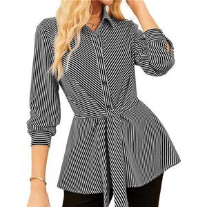 Peplum Tops Tie Front Striped Blouse Black